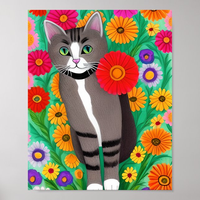 Affiche Chats gris et blanc fantaisistes et fleur rouge (Devant)