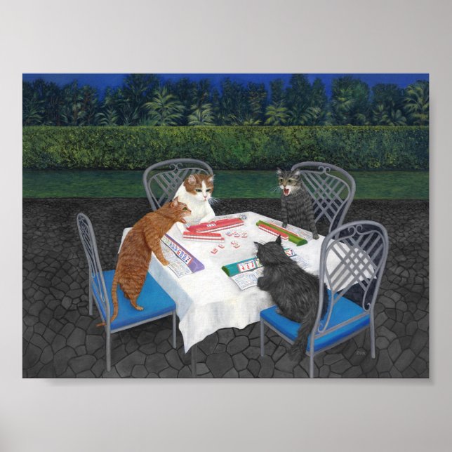 Affiche Chats jouant à l'affiche du Mahjong (Devant)