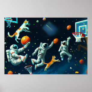 Affiche Chats jouant au basket-ball dans l'espace avec des