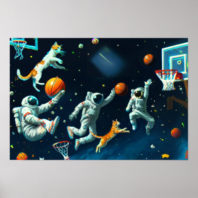 Affiche Chats jouant au basket-ball dans l'espace avec des (Devant)
