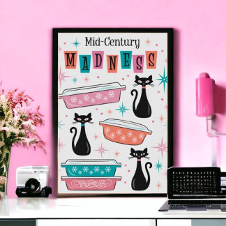 Affiche Chats Kitty Noir Rétro Pyrex Folie du milieu du si