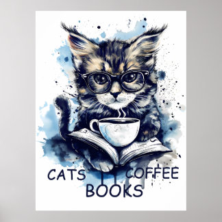 Affiche Chats Livres Café Aquarelle Boho Abstrait