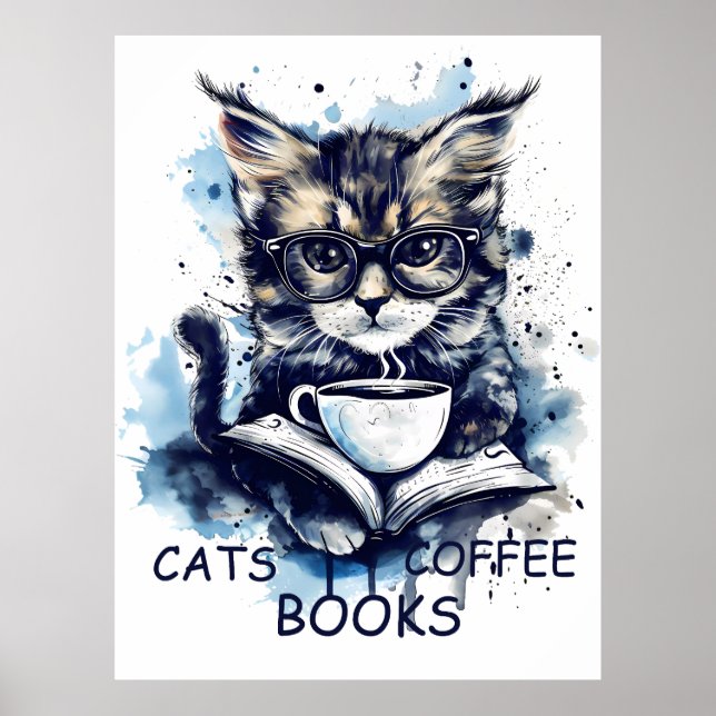 Affiche Chats Livres Café Aquarelle Boho Abstrait (Devant)