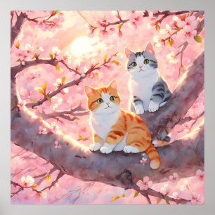 Affiche Chats Mignons Sur Un Arbre En Fleur De Cerise