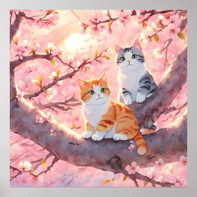Affiche Chats Mignons Sur Un Arbre En Fleur De Cerise (Devant)