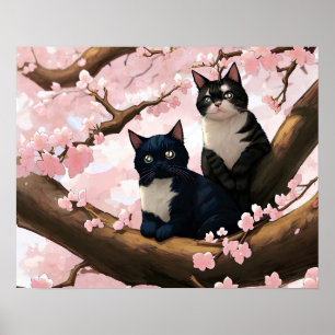 Affiche Chats Mignons Sur Un Arbre En Fleur De Cerise