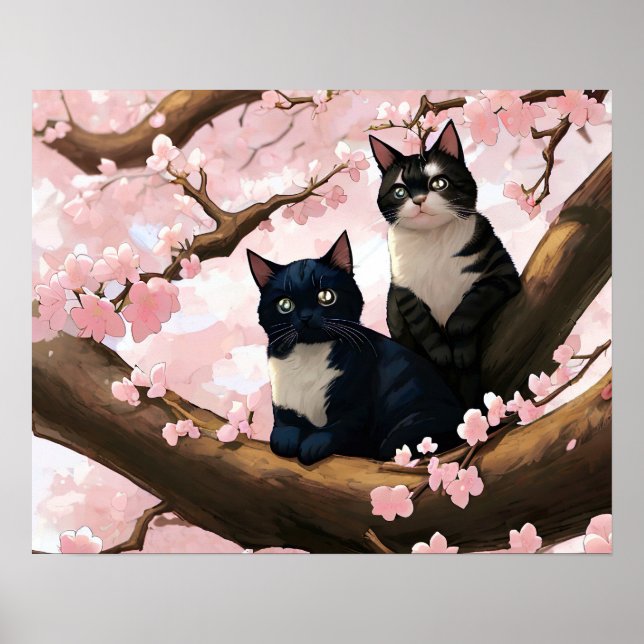 Affiche Chats Mignons Sur Un Arbre En Fleur De Cerise (Devant)
