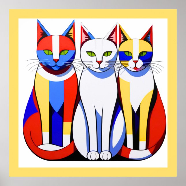 Affiche Chats Modernistes Vibrant Tri-Color Chats Mur Art (Devant)