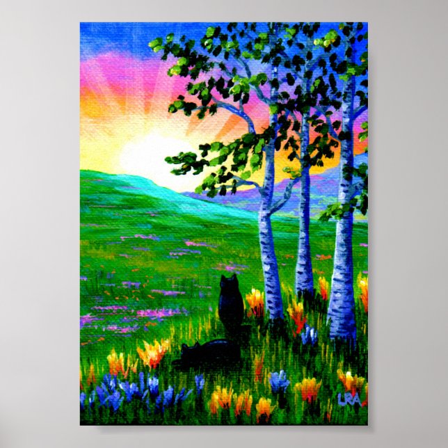 Affiche Chats noirs Birch Trees coucher de soleil Création (Devant)