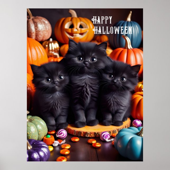 Affiche Chats noirs d'Halloween avec Citrouilles et bonbon (Devant)