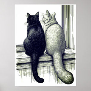 Affiche Chats noirs et blancs à la fenêtre
