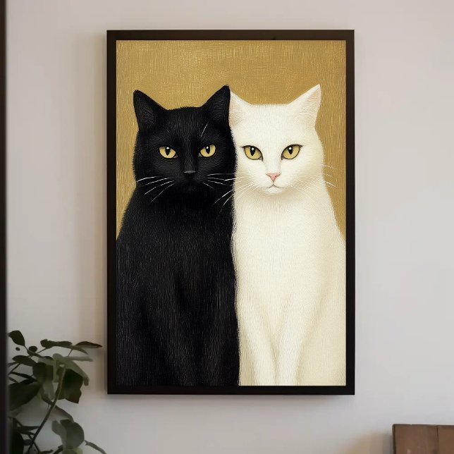 Affiche Chats noirs et blancs sur fond doré peinture (Créateur téléchargé)