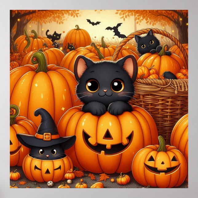 Affiche Chats noirs et Jack-O-Lanterns (Devant)