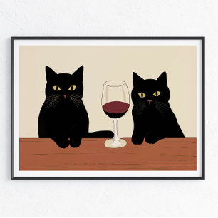 Affiche Chats noirs et vin rouge minimaliste