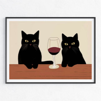 Affiche Chats noirs et vin rouge minimaliste