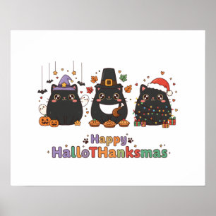 Affiche Chats noirs Kawaii Joyeux HalloMerciMas