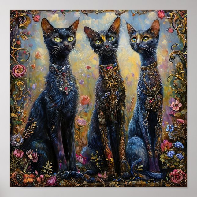 Affiche Chats noirs longs parmi les fleurs esthétique (Devant)