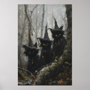 Affiche Chats noirs mignons en chapeaux de sorcière Cottag