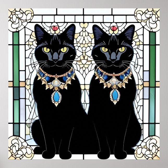 Affiche Chats noirs royaux Art de vitrail bijoux muraux (Devant)
