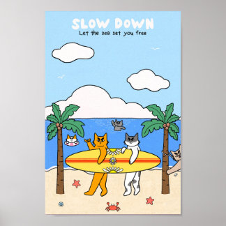 Affiche Chats qui surfent sur la plage, ambiance estivale