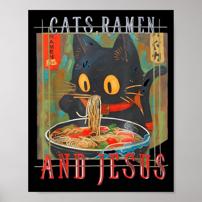 Affiche Chats Ramen et Jésus Dessin de chat chrétien drôle (Devant)