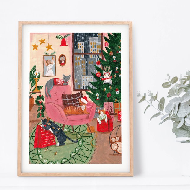 Affiche Chats rétro mignons à la maison pour Noël à New Yo (Créateur téléchargé)