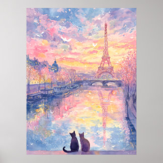 Affiche Chats Romantiques sous le Coucher de Soleil à Pari