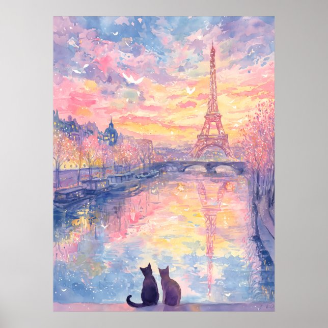 Affiche Chats Romantiques sous le Coucher de Soleil à Pari (Devant)