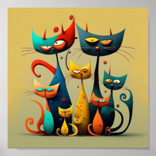 Affiche chats, vibrants, colorés, fantaisie, stylisés, jou