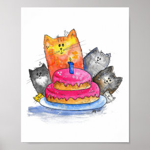 Affiche Chats Whimsical avec gâteau d'anniversaire