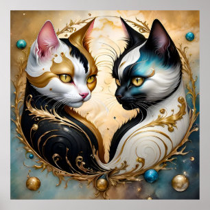 Affiche Chats Yin-Yang aux éléments cosmiques magiques
