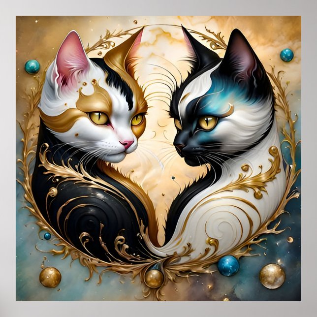 Affiche Chats Yin-Yang aux éléments cosmiques magiques (Devant)