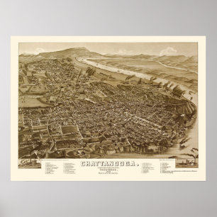 Affiche Chattanooga, carte panoramique de TN - 1886