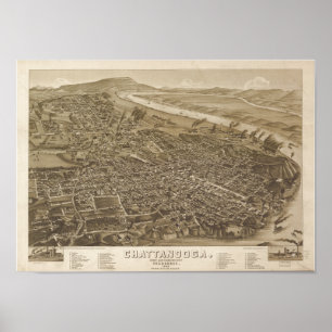 Affiche Chattanooga Tennessee 1886 Carte panoramique antiq