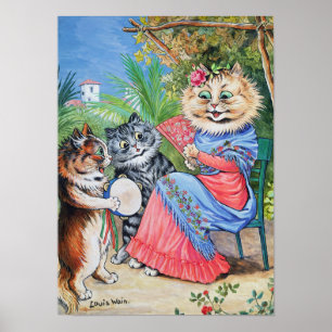 Affiche Chatte avec éventail et chatons, Louis Wain