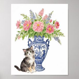 Affiche chatte de style chinoiserie avec vase fleur coloré