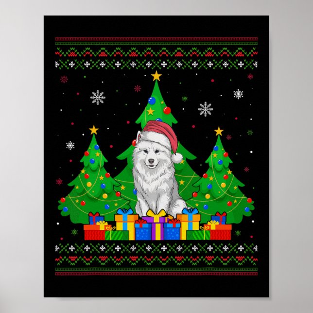 Affiche Chaud moche arbre de Noël Santa Hat Samoyed Chien (Devant)