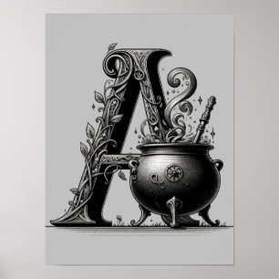 Affiche Chaudière de sorcière Lettre de sorcière A initial