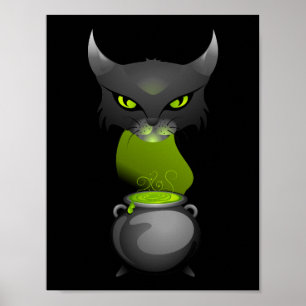 Affiche Chaudron de chat de Halloween avec la vapeur verte