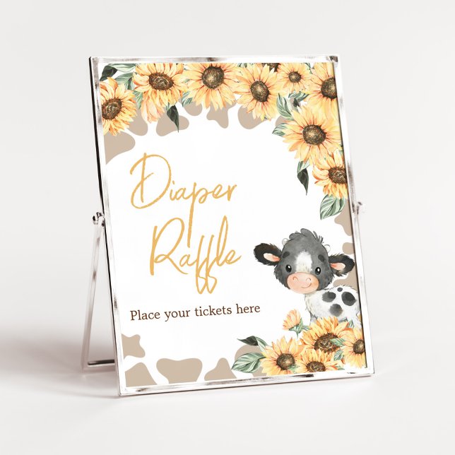 Affiche Chauffage de Baby shower Saint-Vache tournesol Raf (Summer Highland Cow Baby Shower Diaper Raffle Sign)
