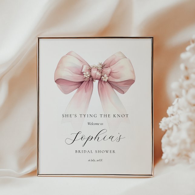 Affiche Chaussures Attachant La Fête des mariées Knot Bien (shes tying the knot welcome poster pink bow feminine bridal shower coquette theme)