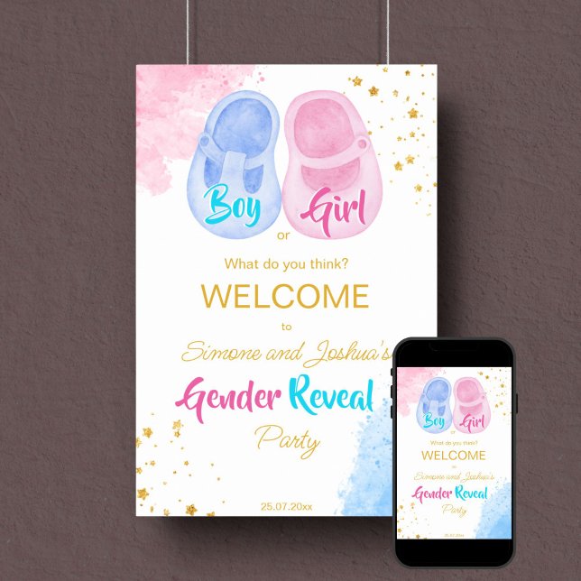 Affiche Chaussures bébé garçon ou fille genre révéler sign (Gender reveal party welcome sign template poster instant download pink and blue baby shoe gold)
