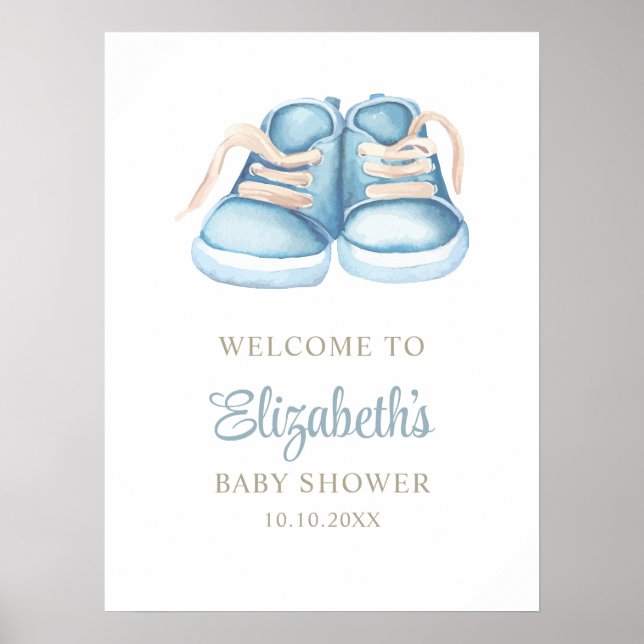 Affiche Chaussures de bébé bleu aquarelle Baby Shower  (Devant)