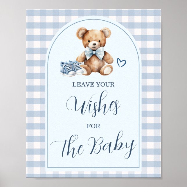 Affiche Chaussures de bébé ours en vichy bleu Laissez vos  (Devant)