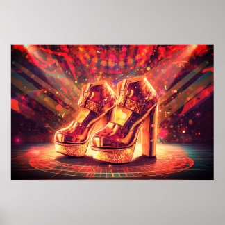 Affiche Chaussures disco à empiler or style rétro des anné