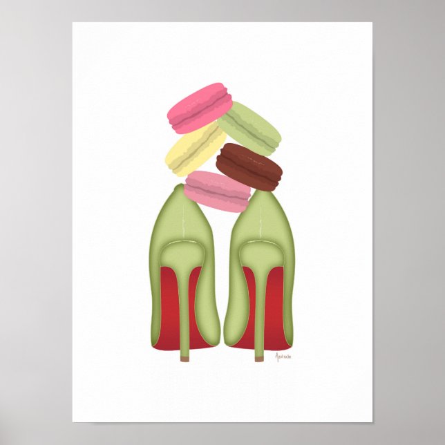 Affiche Chaussures en stilettos, talons hauts et macarons (Devant)