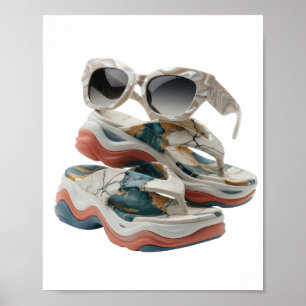 Affiche Chaussures et lunettes de soleil en marbre argenté
