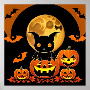 Affiche Chauve-souris de dessin animé et citrouilles sous 