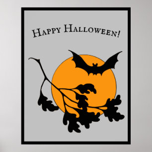 Affiche Chauve-souris vintage d'Halloween orange lune