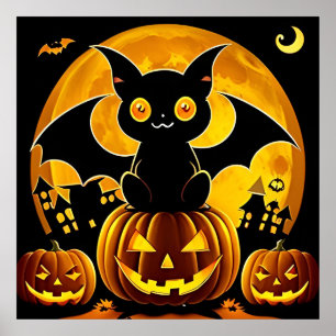 Affiche Chauves-souris de dessin animé d'Halloween volant